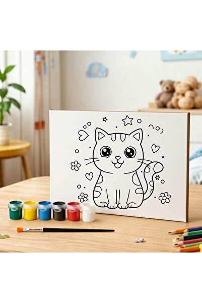 Cemira Sevimli Kedi Boyanabilir Ahşap Tablo Seti -6'lı Akrilik Boya + Fırça- ...