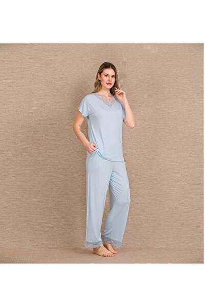 Lady Lingerie Short Sleeve Lace Piece Viscose Fabric Women's Pajama Set