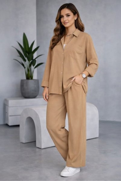 bb butik basic Set de două piese pentru femei, confortabil, din țesătură Ayrobin, cămașă și pantaloni TR0935