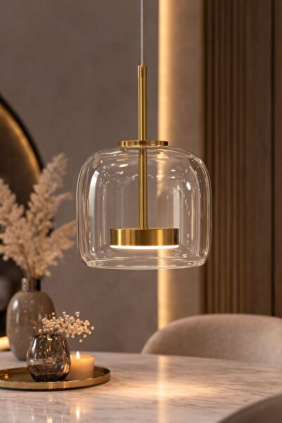 MARS CONCEPT Modern Cam Sarkıt Avize – Gold Detaylı Tekli Led Cam Avize | Mut...