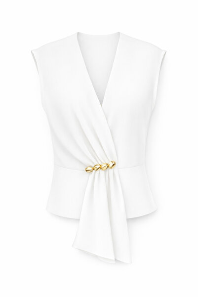 HAZELANNA Χρυσή λευκή μπλούζα Λεπτομέρεια με αξεσουάρ με μηδενικά μανίκια