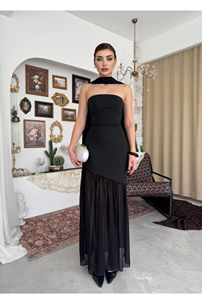 conconmoda Manen Şal Detaylı Atlas Elbise