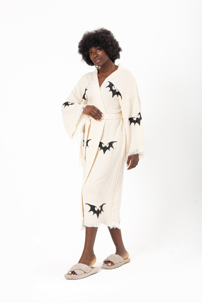 Denizli Kimono 100% Cotton Natural Dragon Printed Muslin Kimono, Kaftan, Dressing Gown
