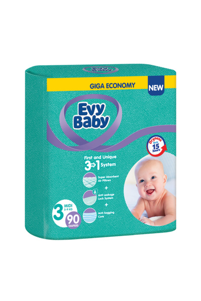 Evy Baby حفاضات أطفال رقم 3، من 5 إلى 9 كيلوغرامات - 90 قطعة