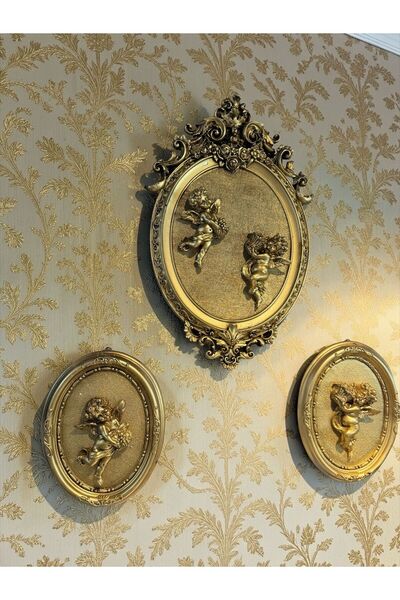 Peramari Dekoratif Polyester Üçlü Duvara Asmalı Melek Tablo Gold Eskitme