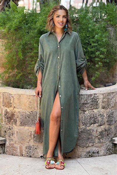 Nevin Kaya Moda Khaki Piece Paint Shirt Dress