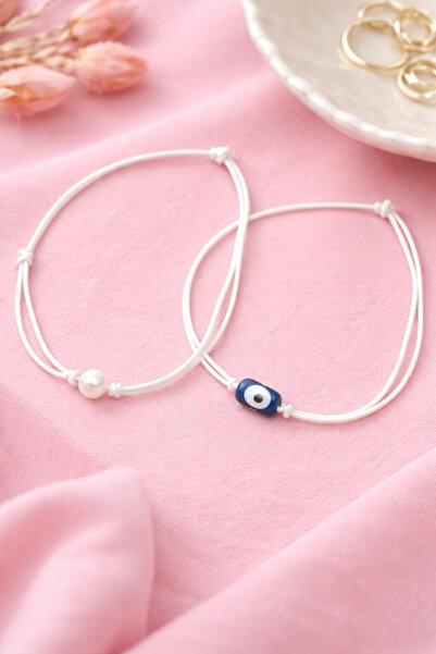 Crystal Atelier Nazar Boncuklu İnci Boncuklu Minimal Beyaz İp Bileklik Ayarla...