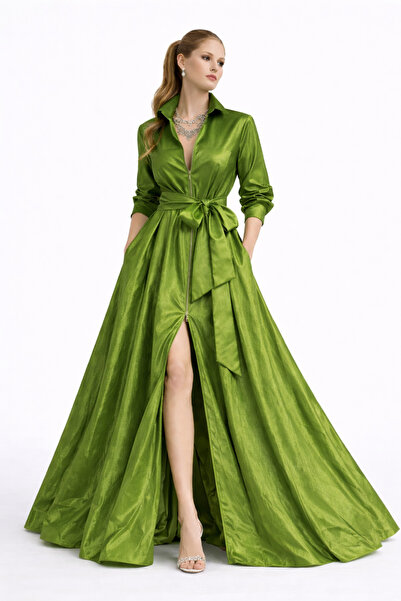 UNTIMELY Front Zippered & Belted Oil Green Taffeta Maxi Shirt Dress