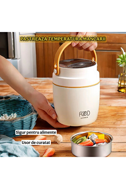 2AMNOVA Termos Pentru Mancare 1L, Inox 304, Izolare Cu Vid 6 Straturi, Etans, Lingurita, Maner Pliabil