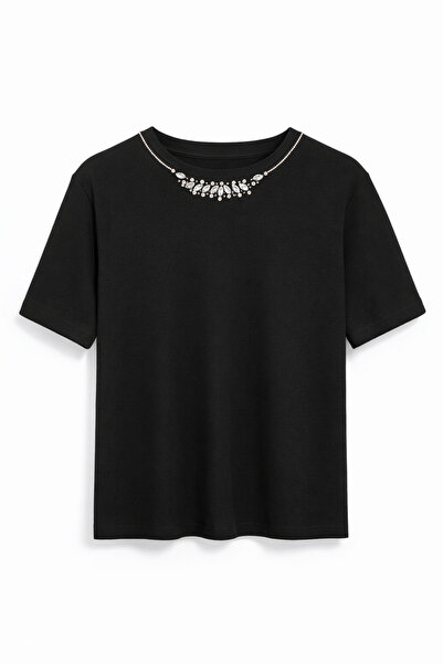 HAZELANNA Чорна футболка з коміром, прикрашеним стразами