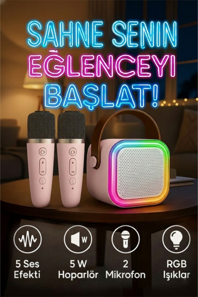 TECHNOMEN Çift Mikrofonlu Taşınabilir Mini Karaoke Seti RGB Işıklı Bluetooth ...