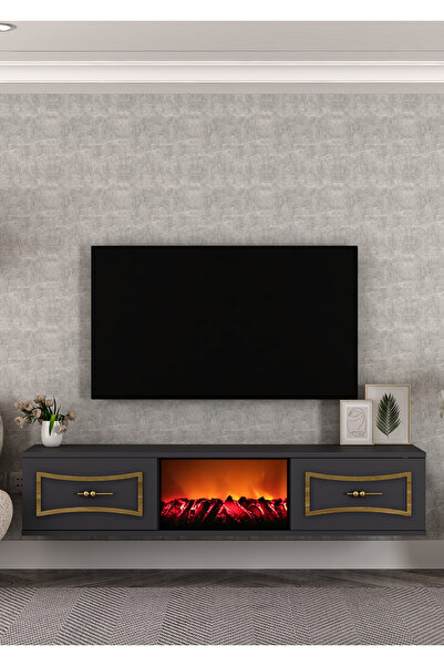 DEMONTE DECOR TV0065-TXA150DD-32 DUVARA MONTAJ ŞÖMİNELİ TV SEHPASI ANTRASİT-A...