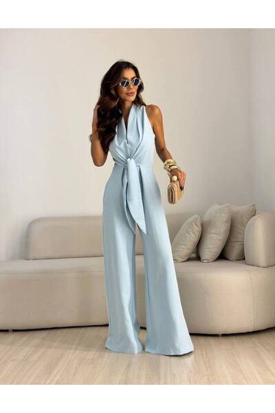 GALAVİP Women's Halter Neck Front Tie-Detail Wide Leg Stylish Jumpsuit