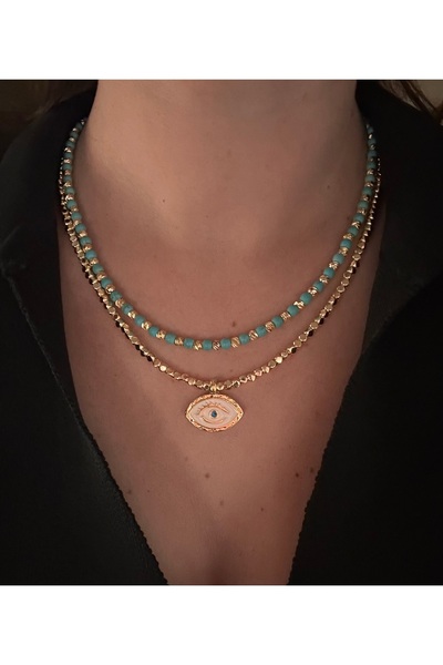 mibrillo Turquoise bead and cube bead eye detail summer necklace (double neck...