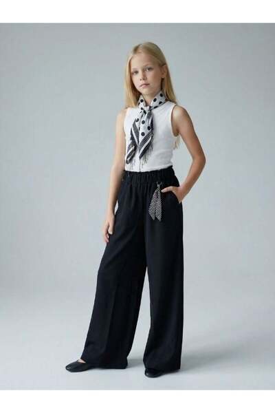 Zekids Set eșarfă pentru fete, cu material reiat bluză și wide-leg pantaloni