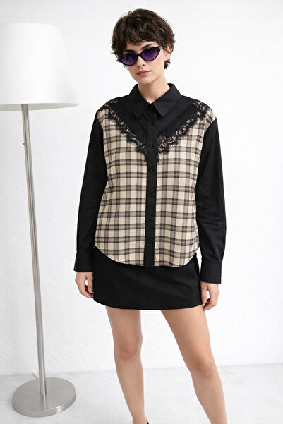 ribana Women's Long Sleeve Oversized Lace Detailed Shirt 2733