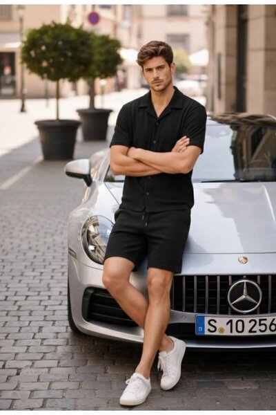 JANES Men's Short Sleeve Shirt Shorts Set Summer Two Piece Set