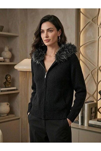 Sea Style cu blană cu glugă Cardigan maro cu fermoar