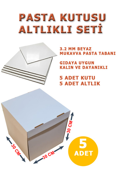 kutucum 30 X 30 X 30 PASTA KUTUSU VE ALTLIK SETİ 5 ADET BEYAZ OLUKLU MUKAVVA