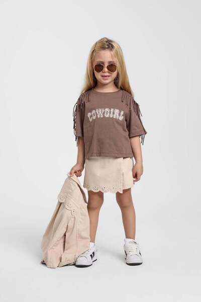 Escabel Kız Çocuk 1-5 Yaş Nakış Detaylı Denim Şort Etek Krem
