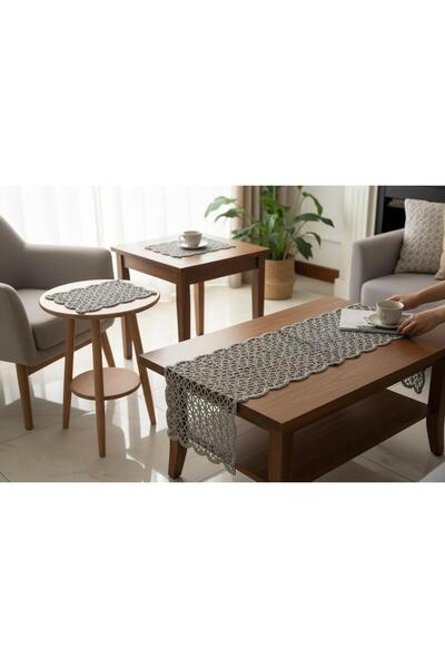 Ceki Home Salon Takımı 3 lü Takım Runner Ranır Seti Masa Üstü Siyah Hayal Tül...