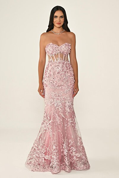 ALFABETA KADIN STRAPLEZ 3 BOYUTLU ÇİÇEK DESENLİ BALIK ABİYE ÖZEL DAVET VE NİŞ...