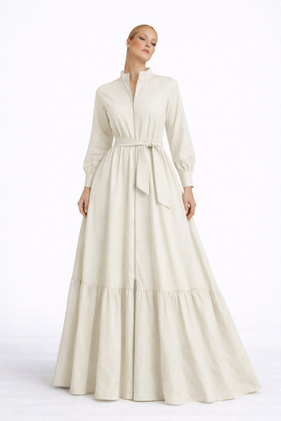 UNTIMELY Front Zipper & Ruffle Detail Light Beige Poplin Shirt Dress