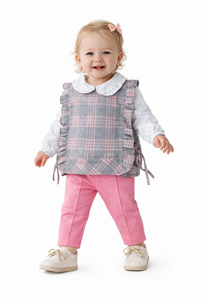 Chicsy Baby Kız Bebek Ekose Süveterli Takım 3lü Gömlek Pantolon Günlük Şık Ko...