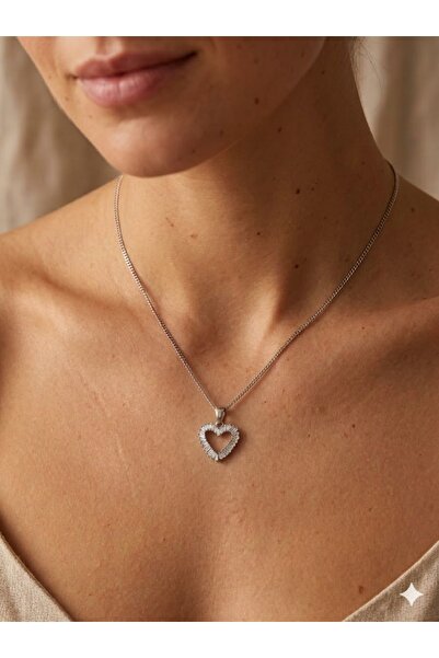 ESRADA 3S Silver Color Baguette Stone Heart Steel Necklace