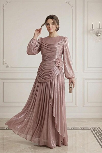 Hakimoda ADELİN فستان سهرة من الشيفون اللامع باللون البودرة