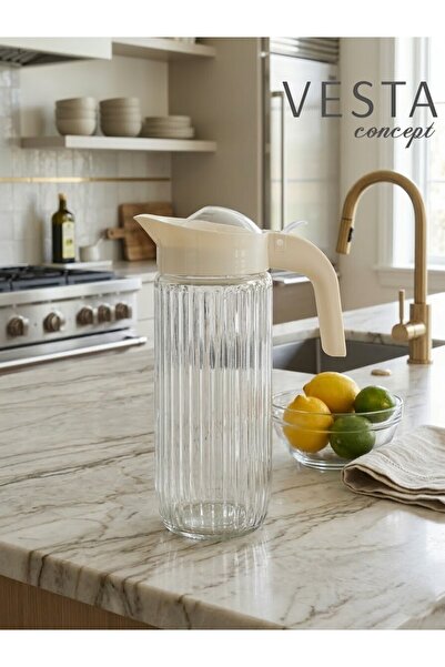 VESTA Concept Çizgili Cam Sürahi - Krem Rengi Kapak ve Kulplu Şık Tasarım - 1...
