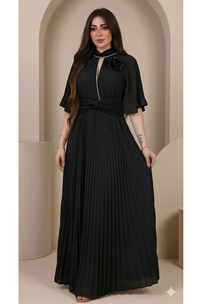 ٌRominz fashion فستان ناعم كسرات بليسيه مع وردة كتف - إطلالة العيد والمناسبات