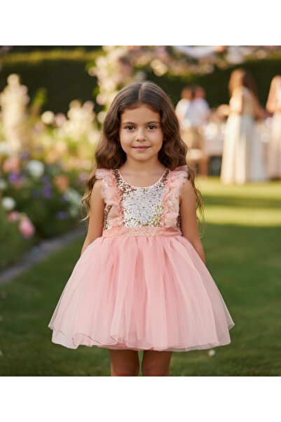 LİTTLE ANGELS فستان سهرة من الأورجانزا الوردي مزين بالترتر للفتيات