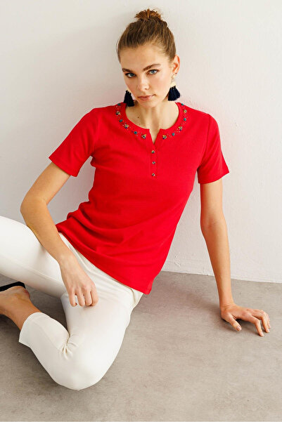 Desen Γυναικείο μπλουζάκι με ανοιχτό γιακά με κεντημένο βαμβακερό μπλουζάκι N...