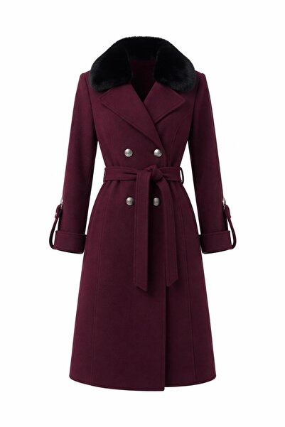 ESİN GİYİM Kadın Kürk Yakalı Kemer Detaylı Araboy Kaşe Kaban