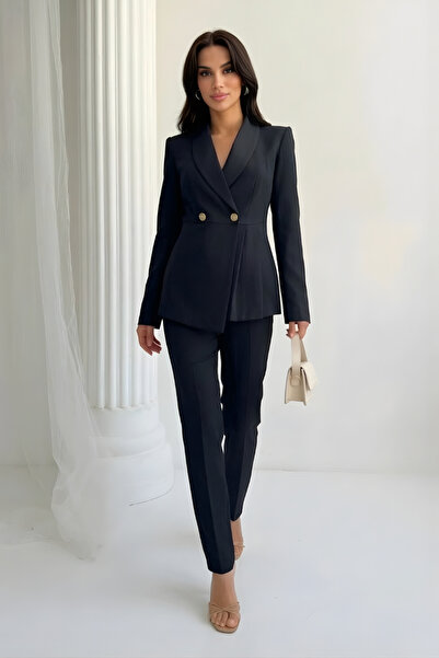 Potenza Women's Suit Blazer Jacket Pants Set Pleated Detail Flared Leg Bottom...