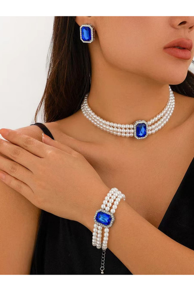 Take Two By Styli 3-Piece Square Rhinestone Drop Faux Pearl Layered Necklace,...