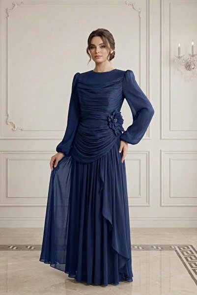 Hakimoda فستان سهرة من الشيفون اللامع من أديلين باللون الأزرق الداكن