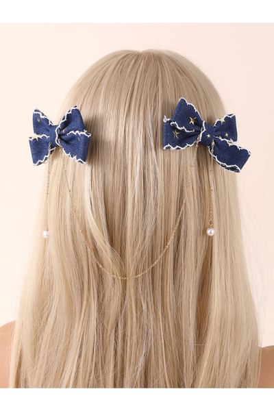 Take Two By Styli Dark Blue Bow Hair Clips with Chain