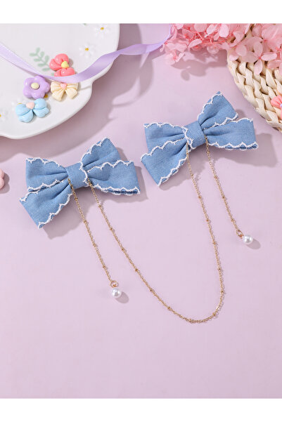 Take Two By Styli Blue Bow Hair Clips with Chain