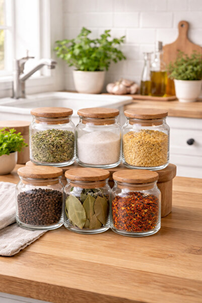 WOODCAP Pureglass Set of 6 300 ml Vacuum Glass Spice Containers with Natural ...