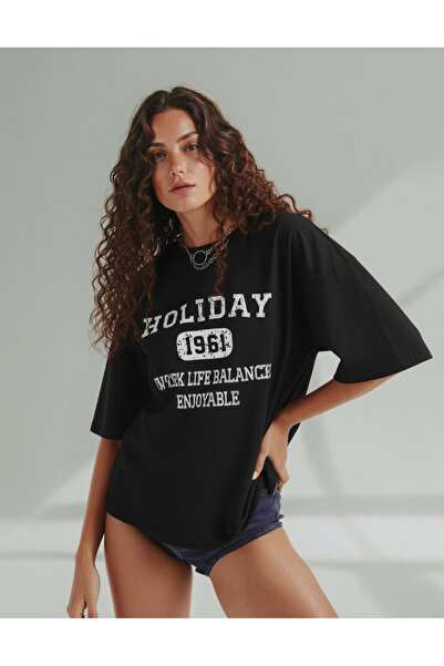 ship master Tricou negru pentru femei Holiday 1961 Written cu imprimeu bumbac...