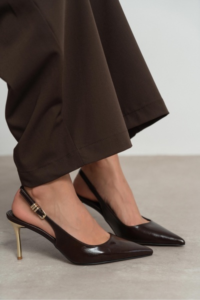 NİŞANTAŞI SHOES Viora Brown Rustic Belt Detail Women's Gold Heeled Shoes