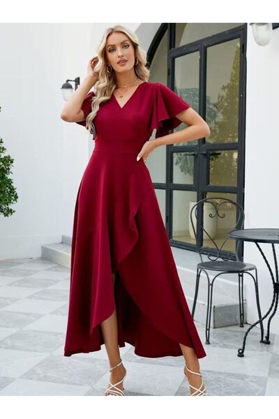 moda wanilia Kadın Kruvaze Yaka Eteği Volanlı Asimetrik Kesim Uzun Krep Düğün...