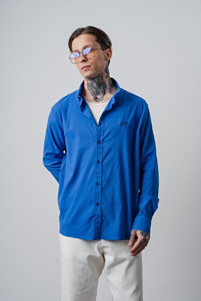 Respire Men's Arma Embroidered Long Sleeve Oversized Shirt Blue