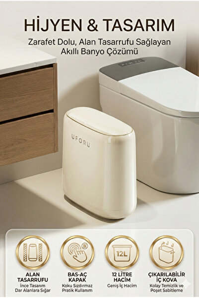 Playtronik 12L İnce Tasarım Bas-Aç Kapaklı Banyo Tuvalet Çöp Kovası Dar Alanl...