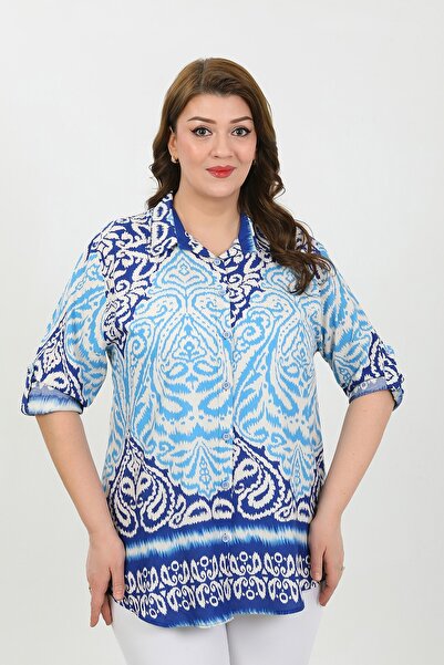By Alba Collection Women's Blue Patterned Viscose Plus Size Shirt