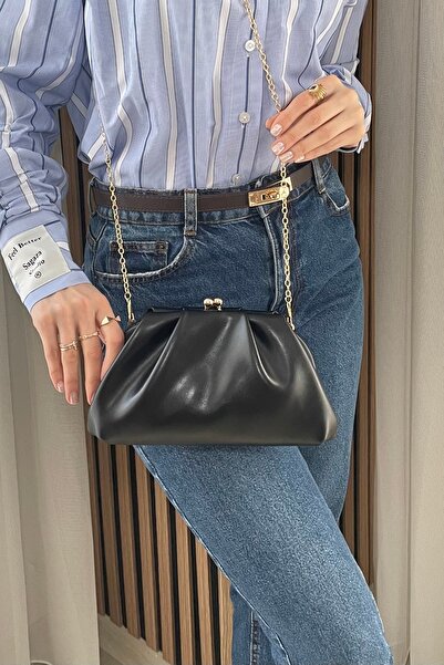 Fibag Kadın Siyah Gold Zincir Askılı Clutch Çanta - Burslu El Çantası, Günlük...