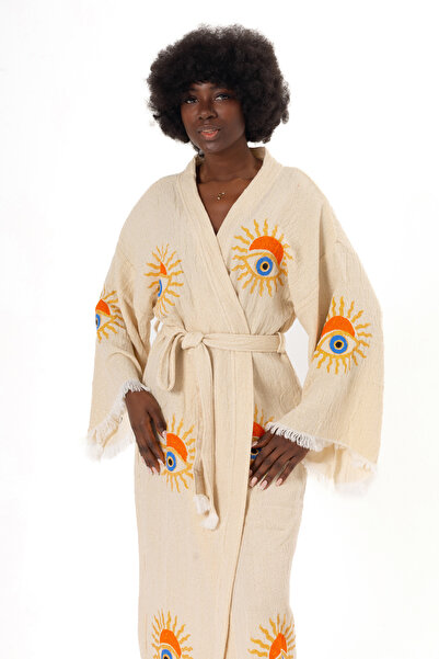 Denizli Kimono 100% Cotton Muslin Kimono, Sun Eye Printed Kaftan, Kimono, Dre...
