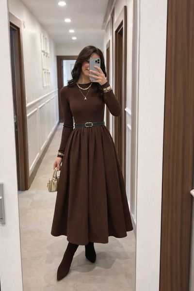 oshebu Kahve - Kadın Bisiklet Yaka Kemerli Uzun Elbise